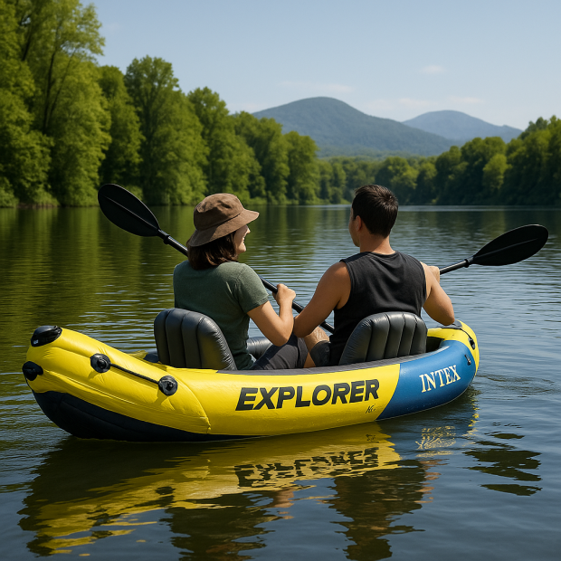 Kayak gonflable Intex Explorer K2 sur un lac avec deux passagers en train de pagayer.