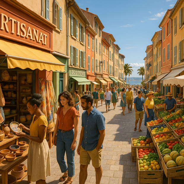 Rue animée de La Ciotat avec boutiques et marché local