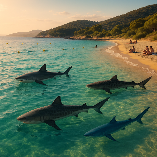 Vue panoramique des côtes méditerranéennes avec des requins en arrière-plan et des baigneurs sur la plage.